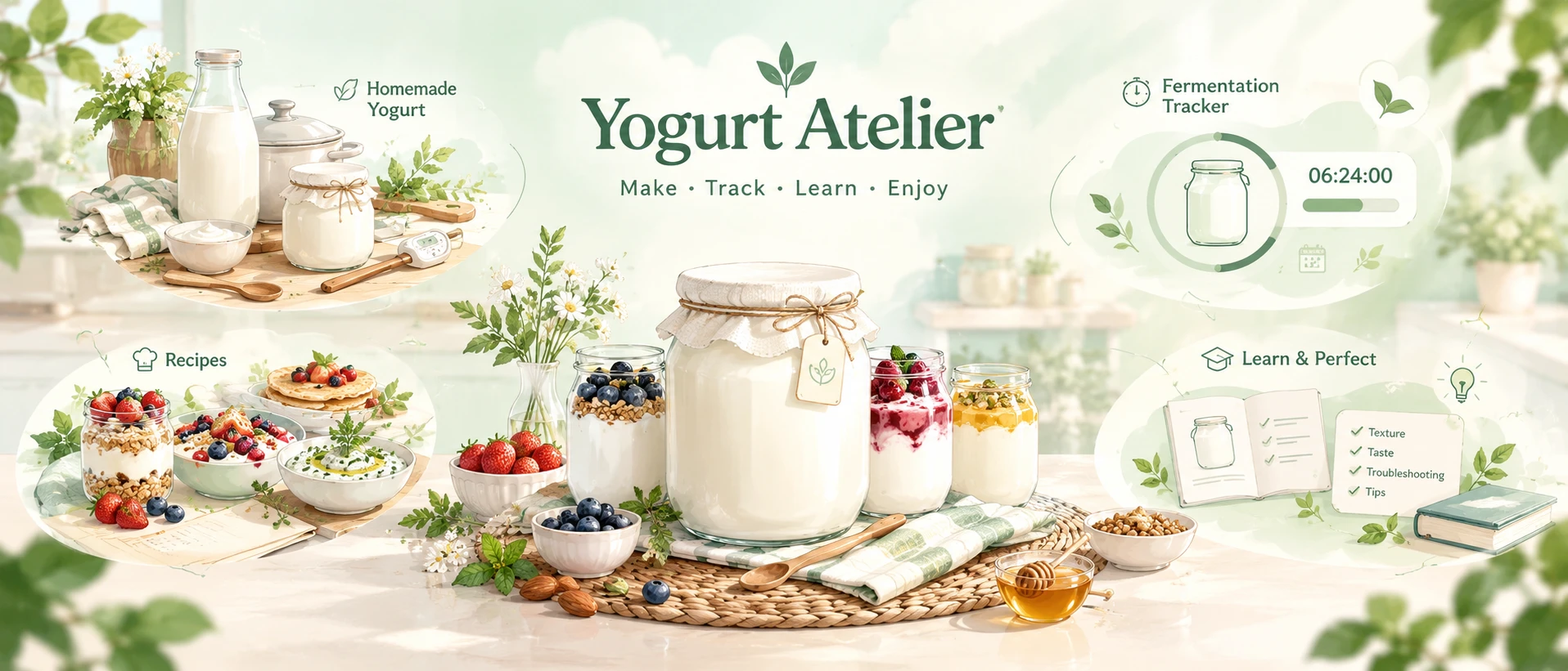 Yogurt Atelier illustrated kitchen with homemade yogurt jars, milk, berries and savory yogurt dishes