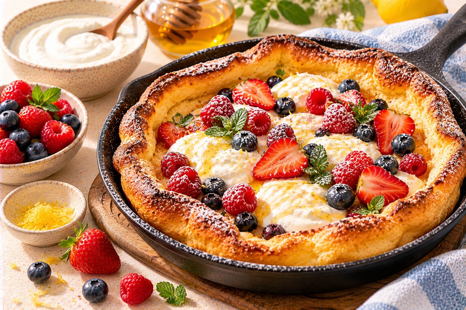 Baked Yogurt Dutch Baby with Berries — original Yogurt Atelier recipe illustration