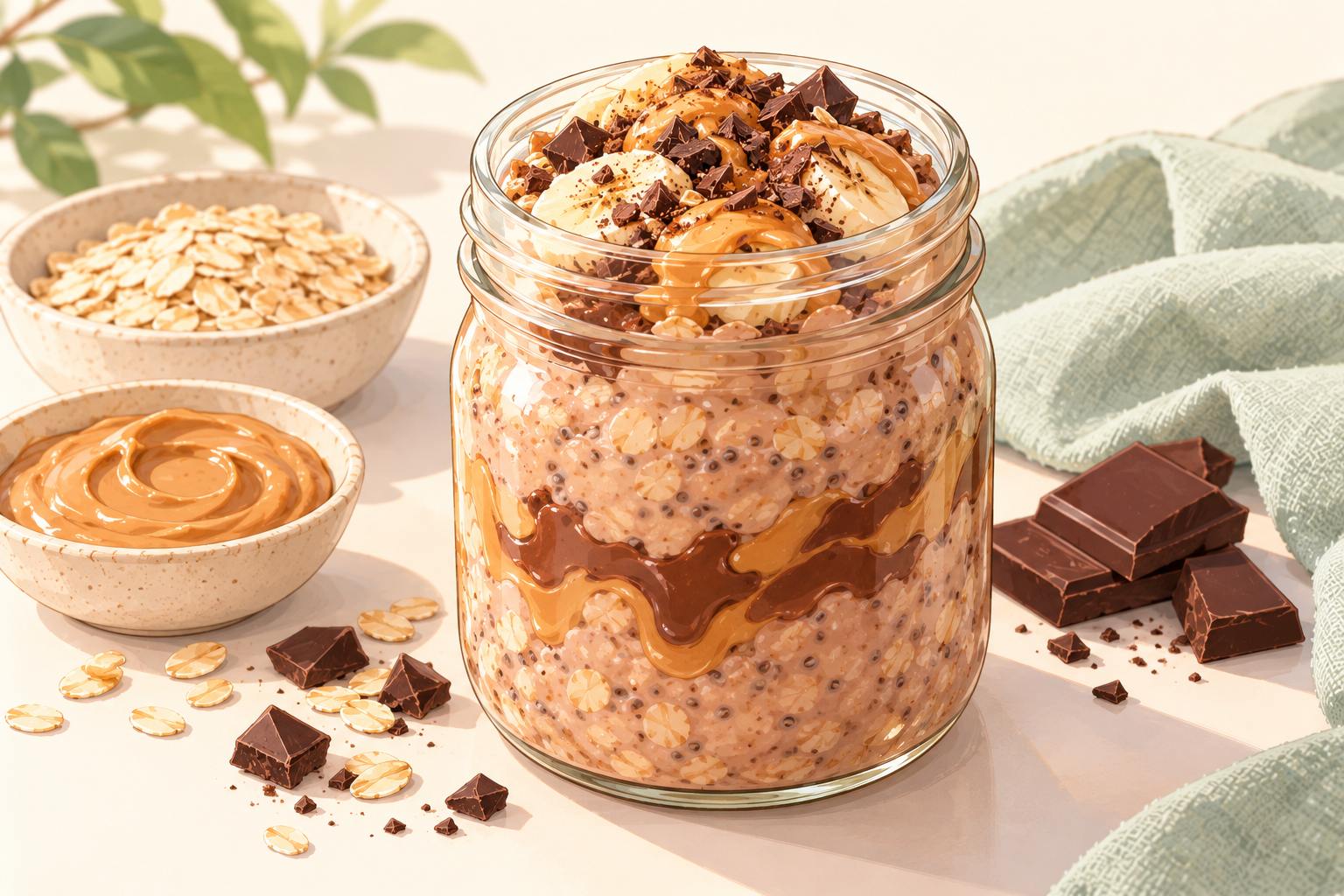 Chocolate Peanut Butter Overnight Oats — original Yogurt Atelier recipe illustration