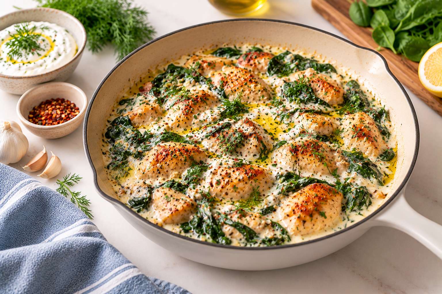 Creamy Chicken and Spinach Yogurt Skillet — original Yogurt Atelier recipe illustration