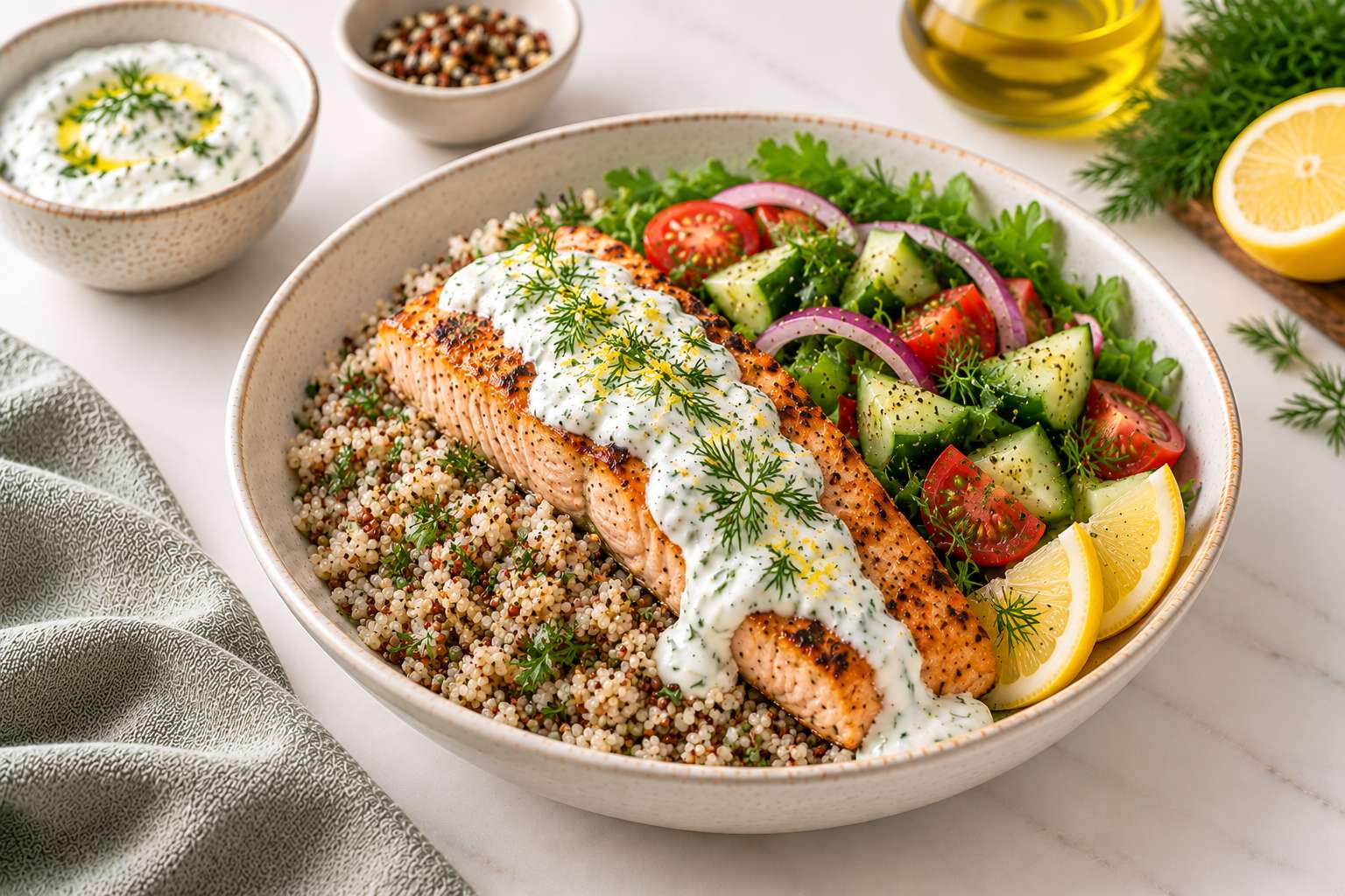 Grilled Salmon with Dill Yogurt & Quinoa — original Yogurt Atelier recipe illustration