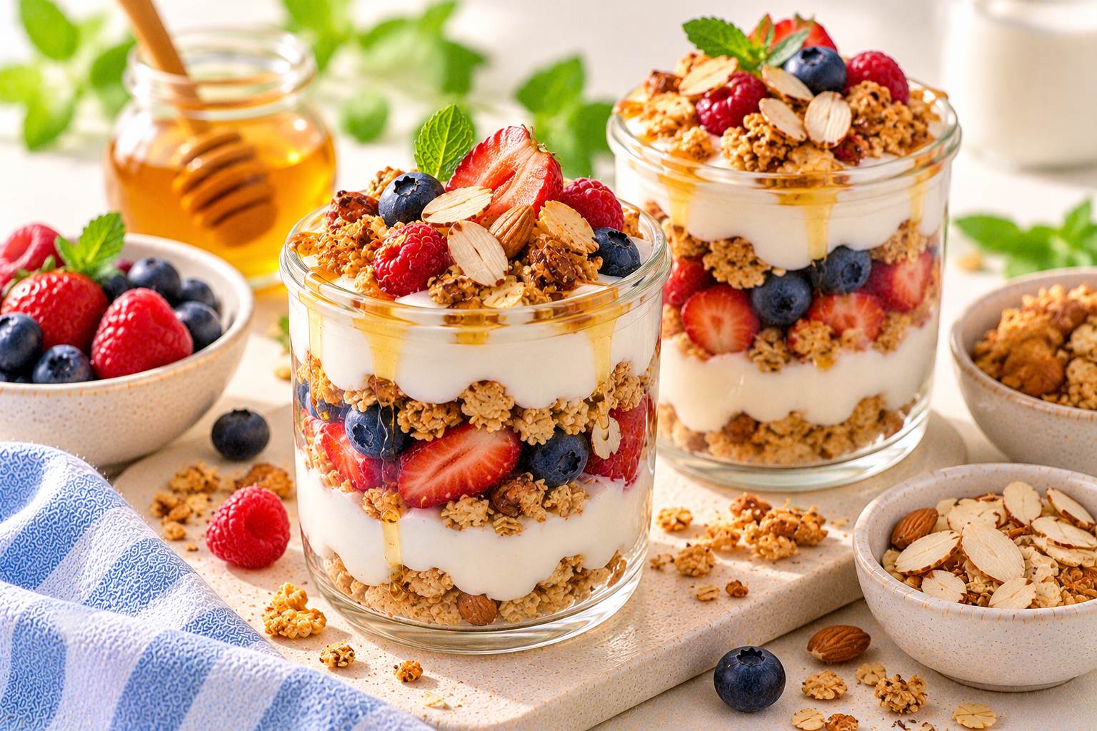 Honey Almond Granola Yogurt Parfaits — original Yogurt Atelier recipe illustration