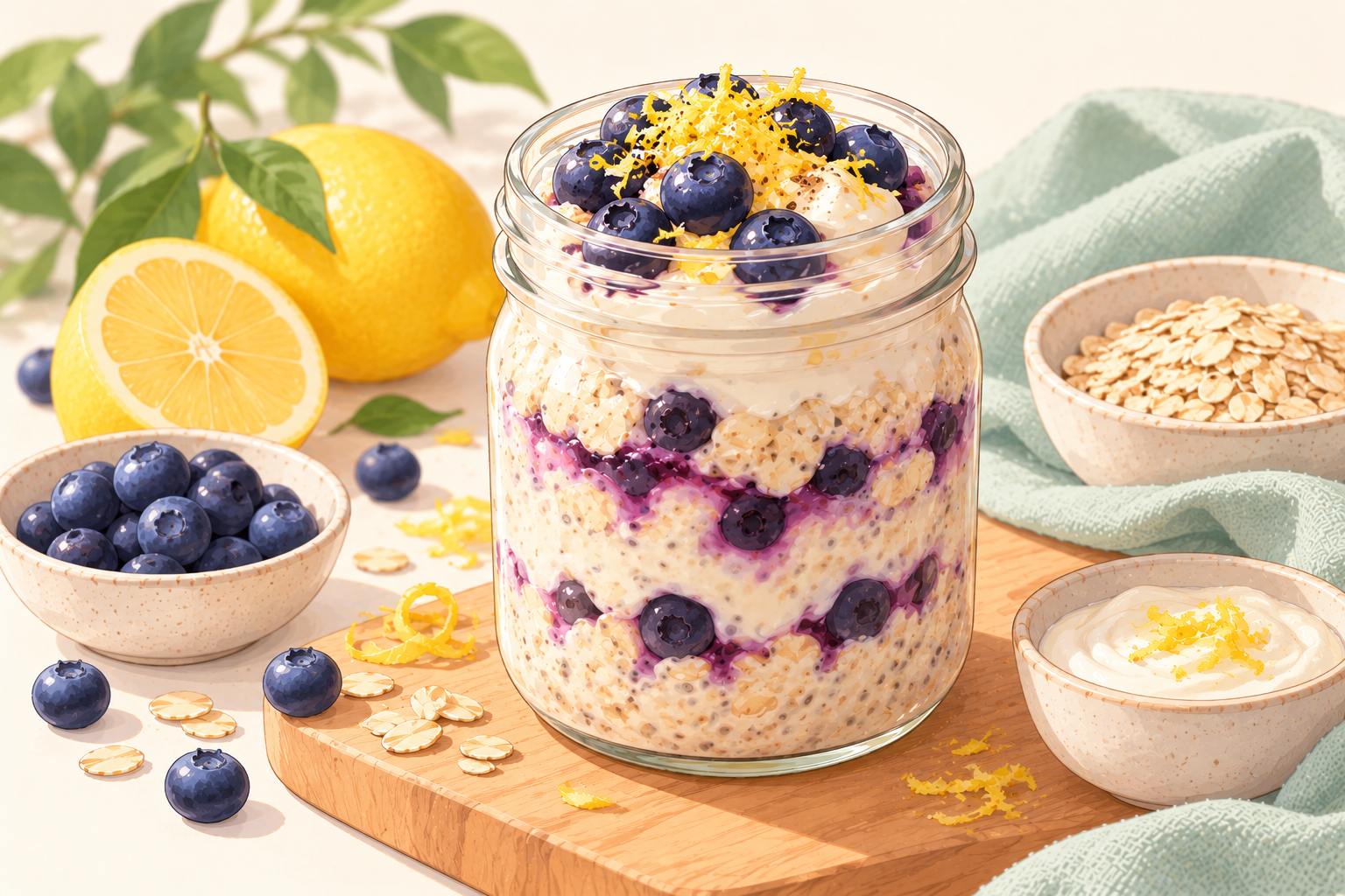 Lemon Blueberry Overnight Oats — original Yogurt Atelier recipe illustration