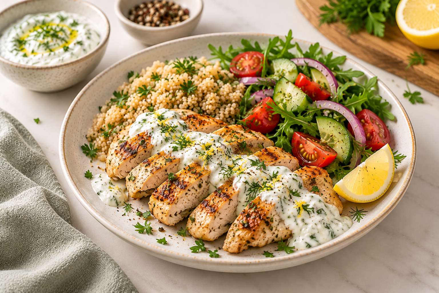Lemon Herb Chicken with Yogurt Sauce — original Yogurt Atelier recipe illustration