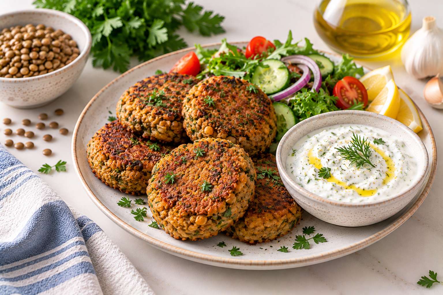 Lentil Patties with Garlic Yogurt Sauce — original Yogurt Atelier recipe illustration