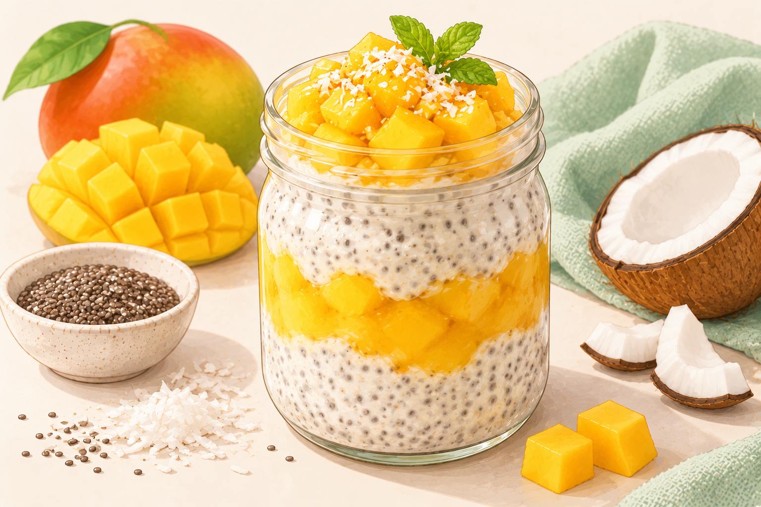 Mango Coconut Chia Pudding — original Yogurt Atelier recipe illustration
