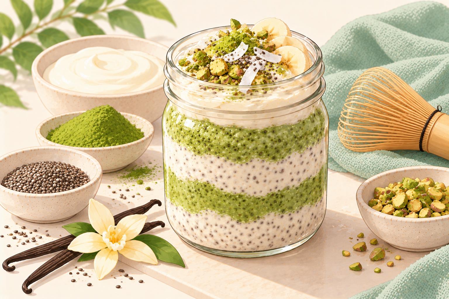 Matcha Vanilla Chia Pudding — original Yogurt Atelier recipe illustration