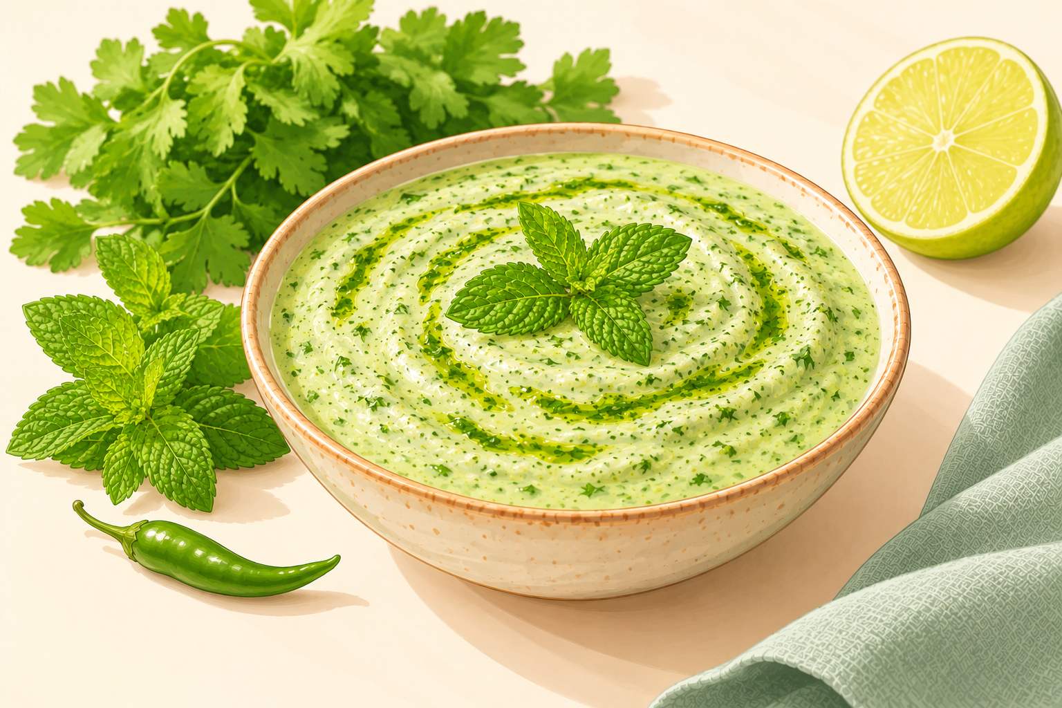 Mint Coriander Yogurt Chutney — original Yogurt Atelier recipe illustration