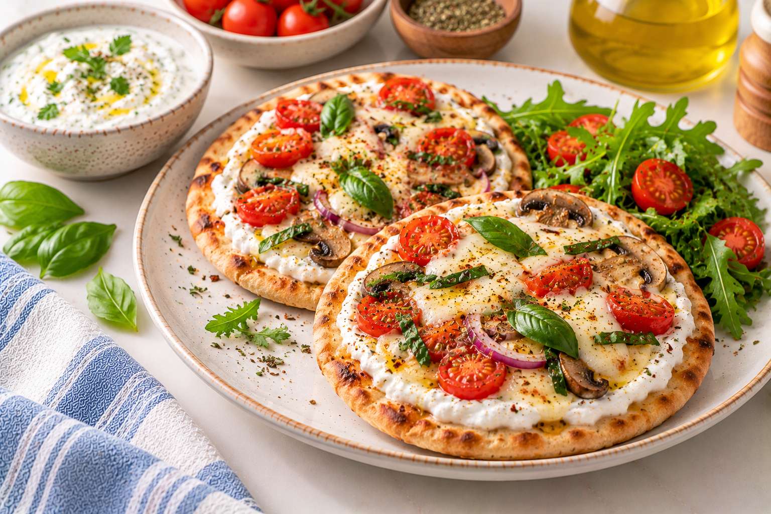 Pita Pizzas with Cottage Cheese Yogurt Sauce — original Yogurt Atelier recipe illustration