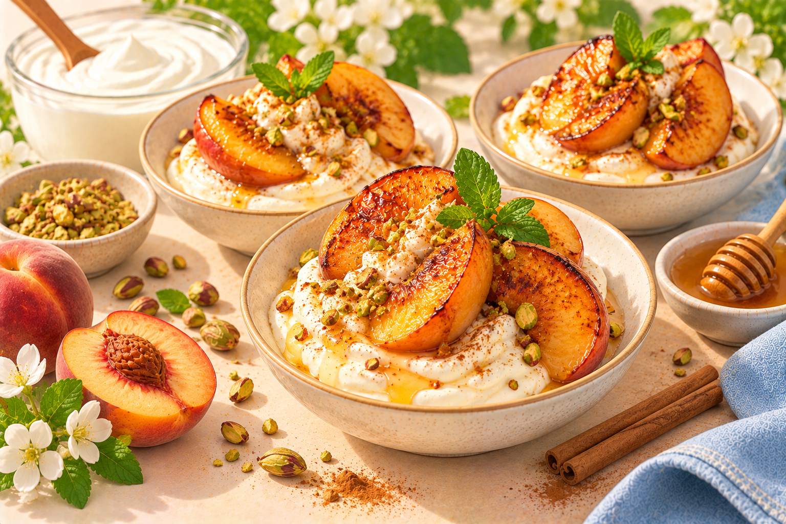 Roasted Peaches with Honey Yogurt Cream — original Yogurt Atelier recipe illustration