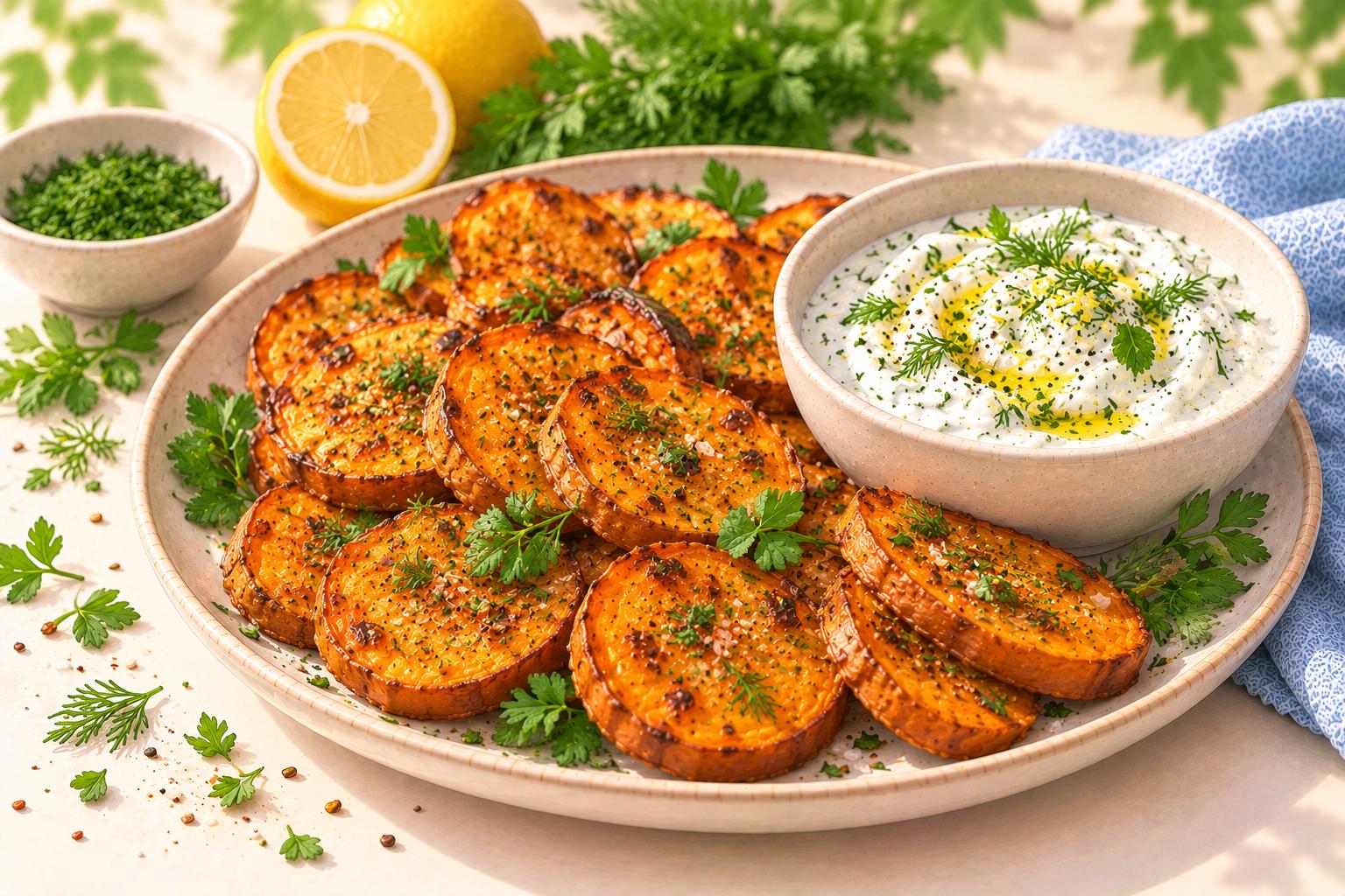 Roasted Sweet Potato Rounds with Herb Yogurt — original Yogurt Atelier recipe illustration