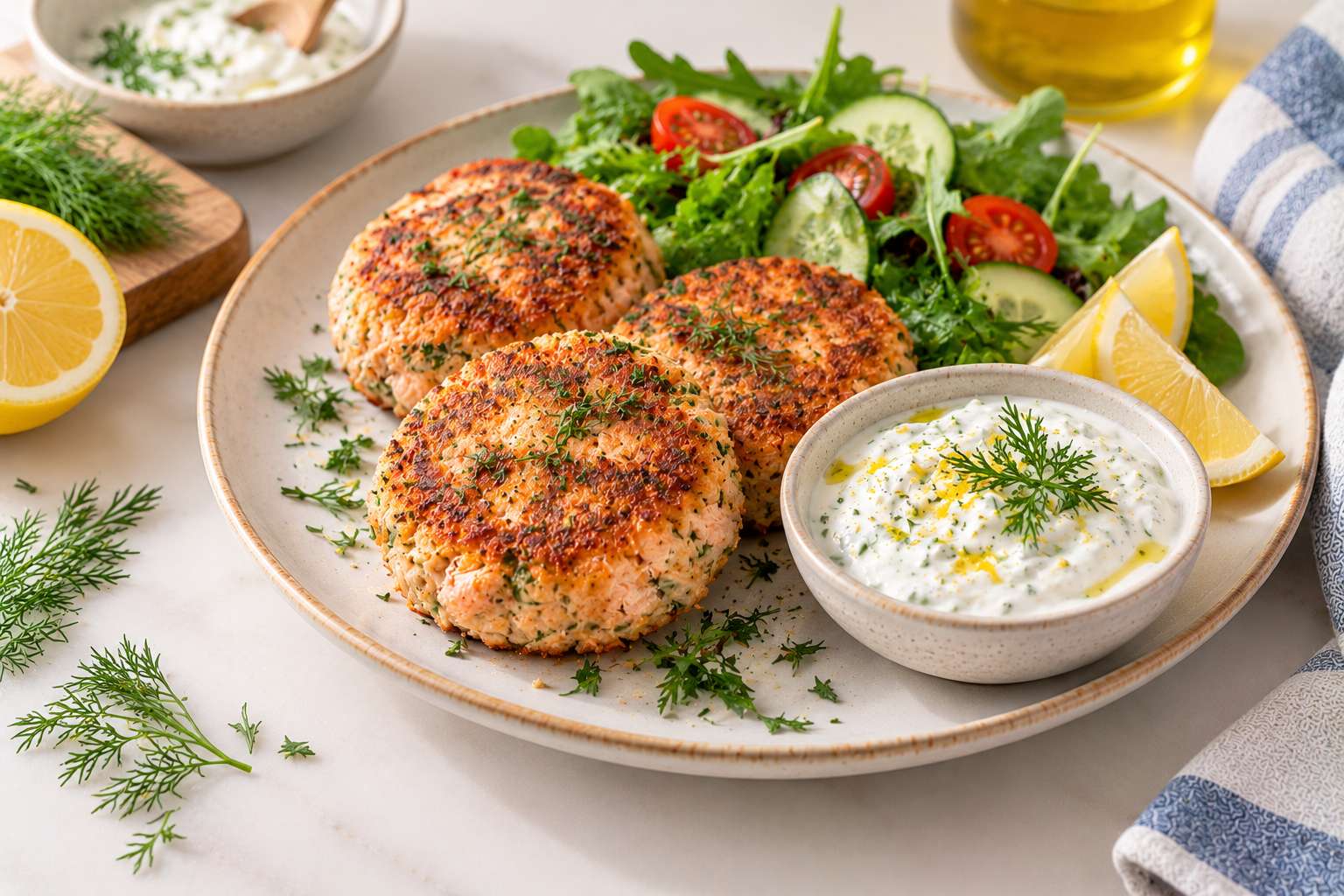 Salmon Cakes with Lemon Yogurt Sauce — original Yogurt Atelier recipe illustration