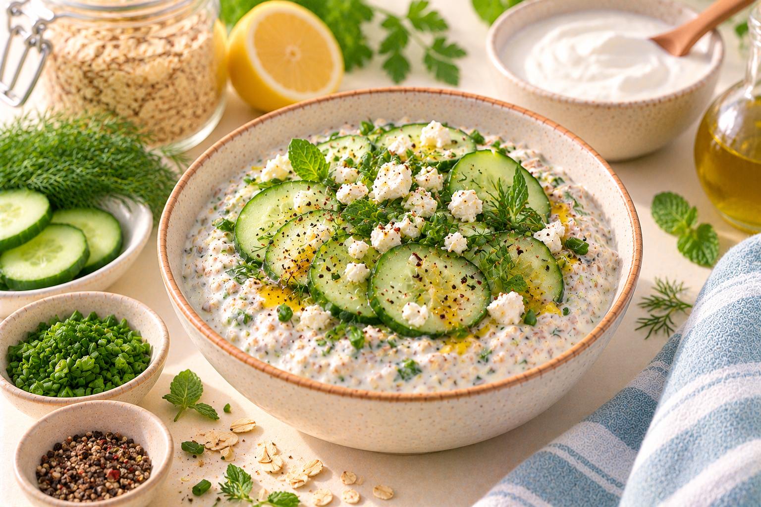 Savory Cucumber Herb Overnight Oats — original Yogurt Atelier recipe illustration