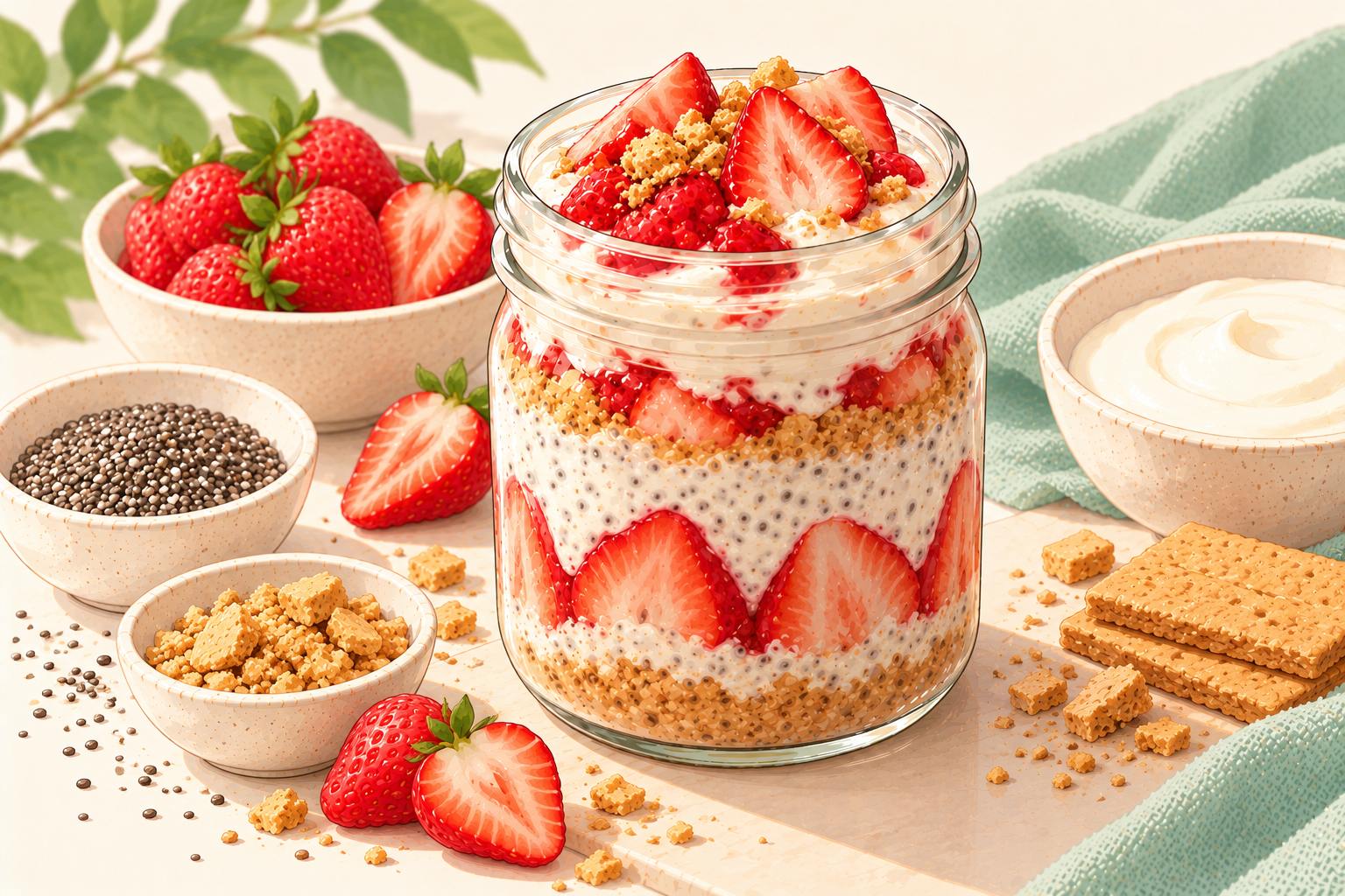 Strawberry Cheesecake Chia Pudding — original Yogurt Atelier recipe illustration