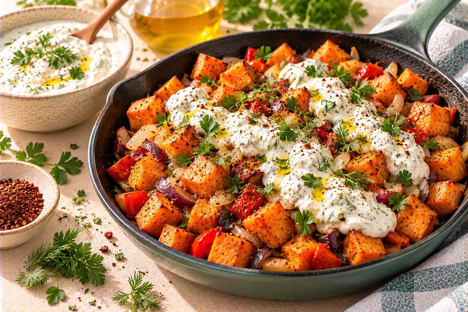 Sweet Potato Breakfast Hash with Herb Yogurt — original Yogurt Atelier recipe illustration