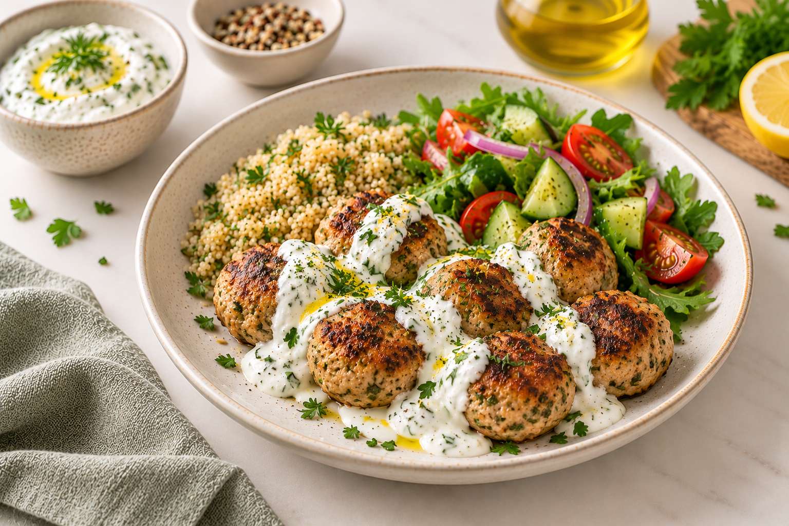 Turkey Meatballs with Garlic Yogurt — original Yogurt Atelier recipe illustration