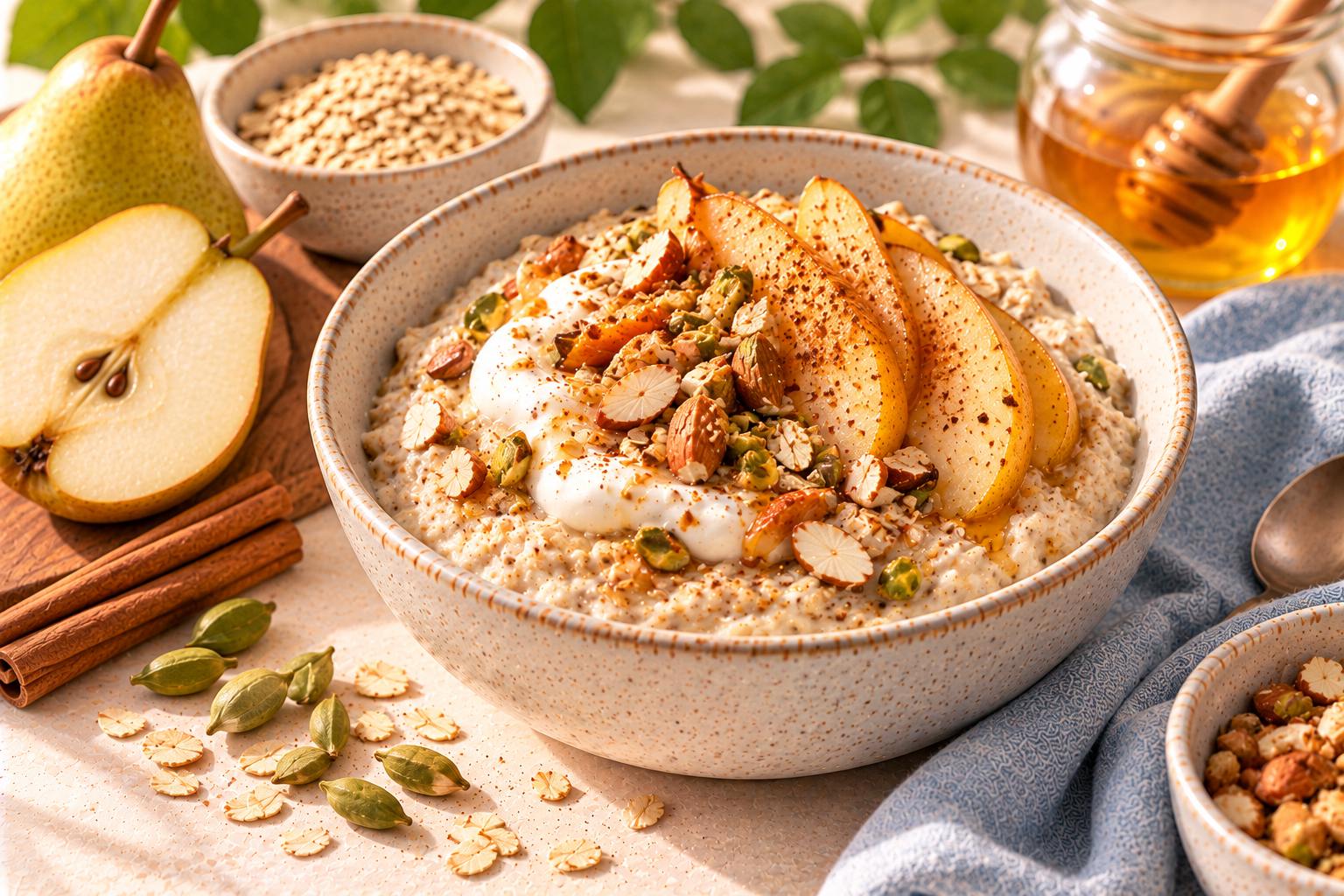 Warm Pear Cardamom Oat Porridge — original Yogurt Atelier recipe illustration