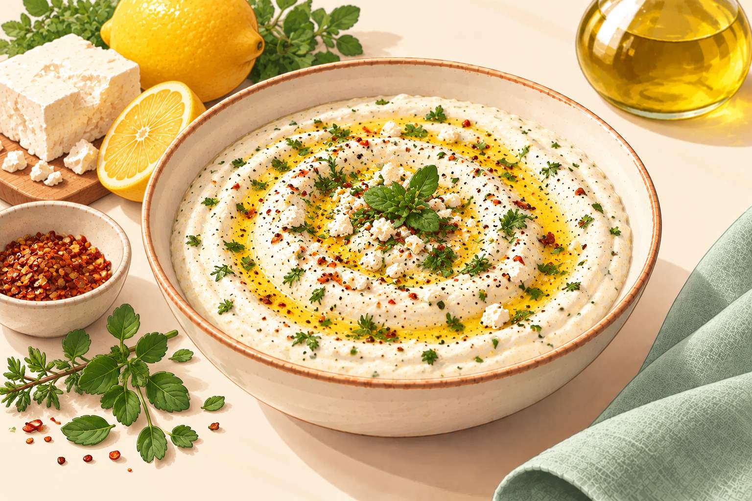 Whipped Feta Yogurt Dip — original Yogurt Atelier recipe illustration