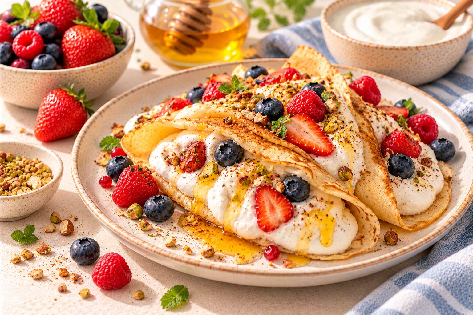 Yogurt Crêpes with Honey and Berries — original Yogurt Atelier recipe illustration