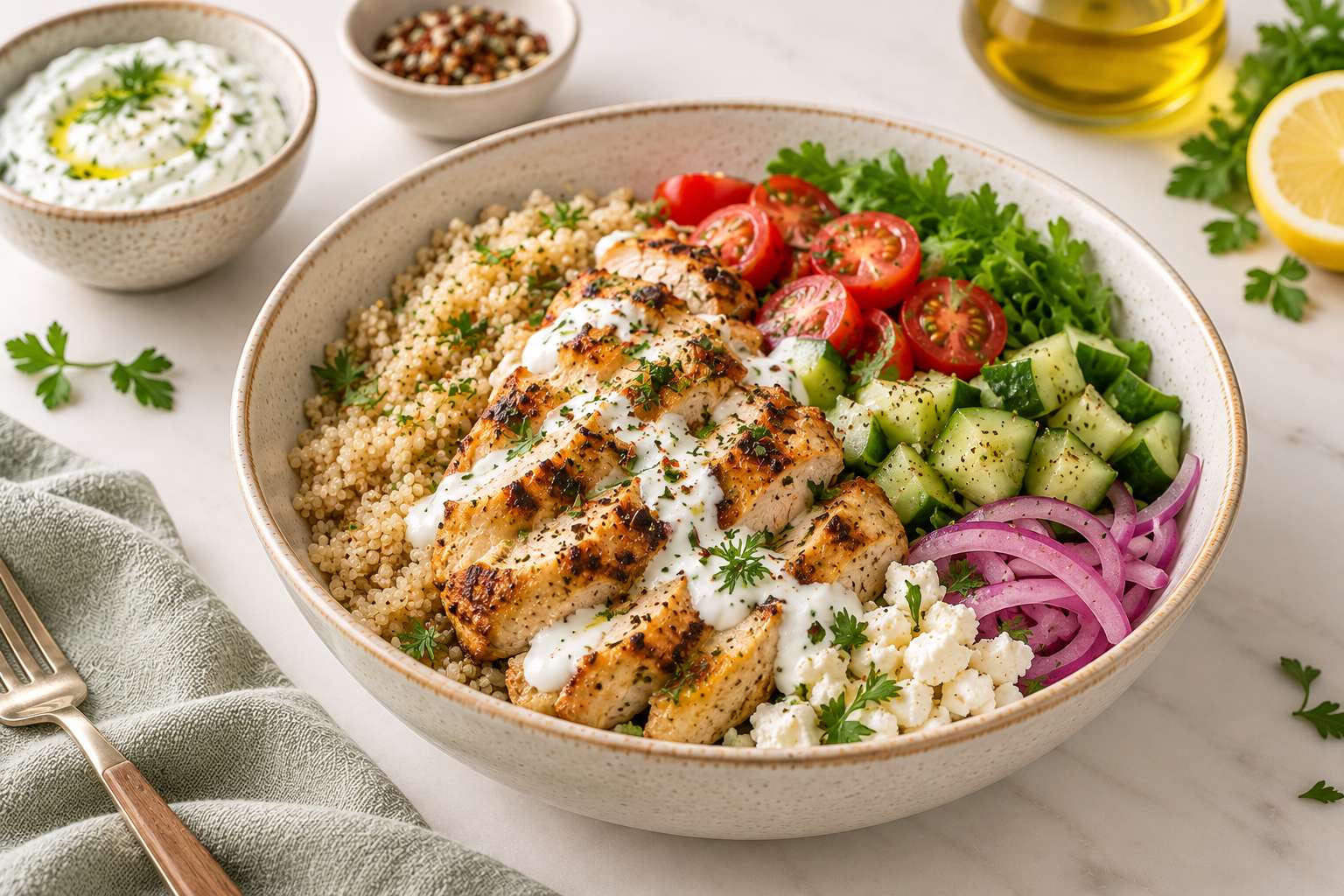 Yogurt-Marinated Chicken Grain Bowl — original Yogurt Atelier recipe illustration